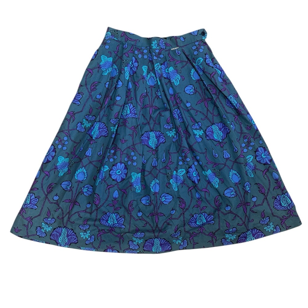 GEIGER Austria Blue Purple Floral A-Line Midi Skirt Cotton Vintage 42